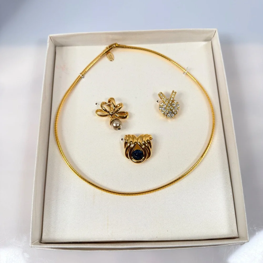Nolan Miller Glamour Collection Gold Tone Omega Necklace 3 Slide Pendants Set